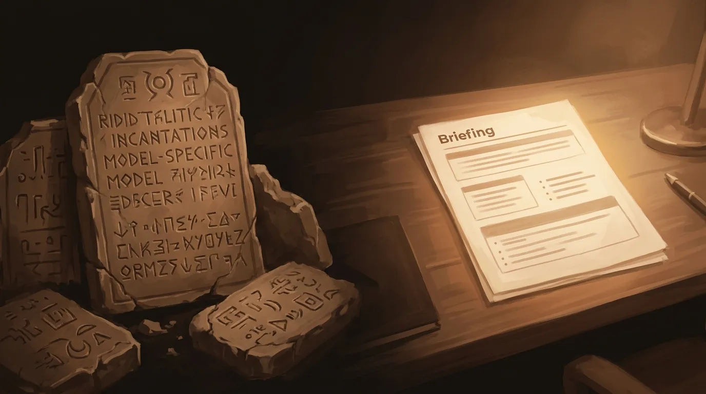 Prompt engineering evolution from 2023 token hacks carved in stone to 2026 clear communication on a modern desk