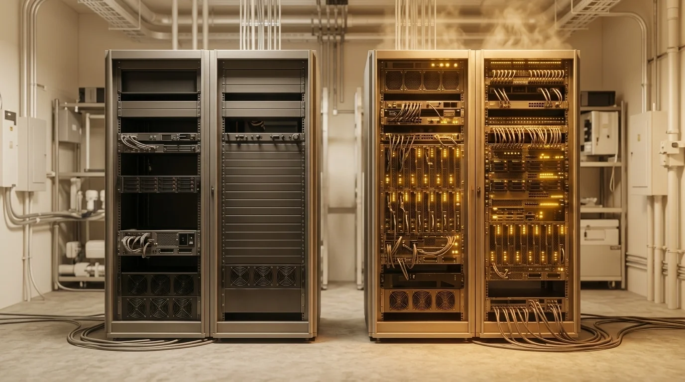 Two identical server racks side by side in a dark machine room — the left one dead and unlit, the right one blazing with indicator lights and shimmering with heat. The same machine, in the only two states it has