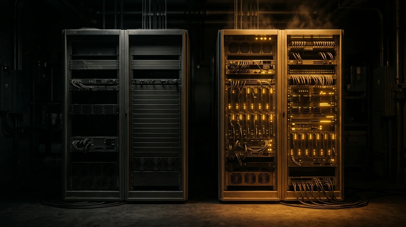 Two identical server racks side by side in a dark machine room — the left one dead and unlit, the right one blazing with indicator lights and shimmering with heat. The same machine, in the only two states it has