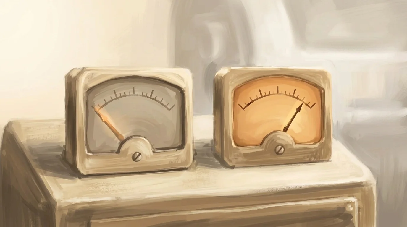 Two meters side by side — one flickering awake for a few seconds then dark, the other spinning steadily without pause