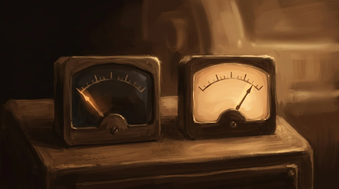 Two meters side by side — one flickering awake for a few seconds then dark, the other spinning steadily without pause