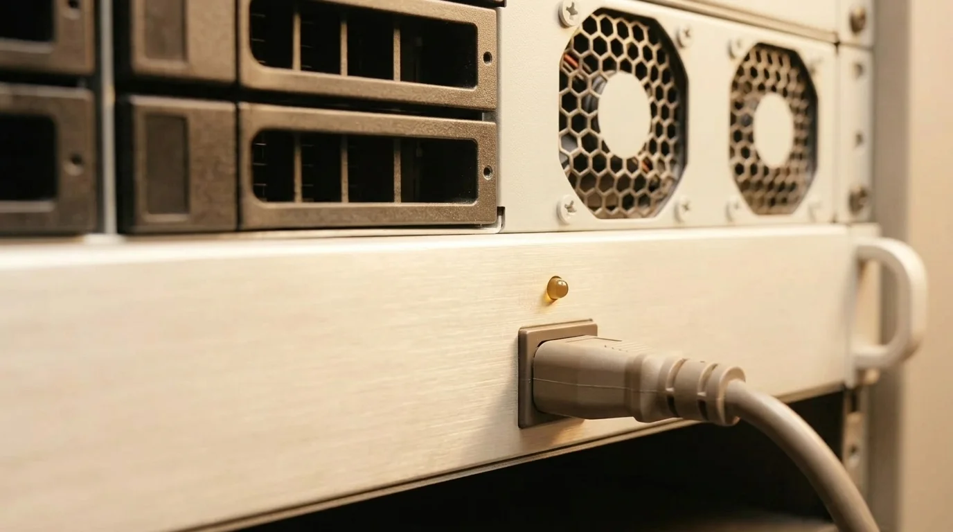 Macro shot of a powered-down server: dark, dusty, fans still — and one amber standby light still burning above a cable that is still plugged in. Switched off, still charging