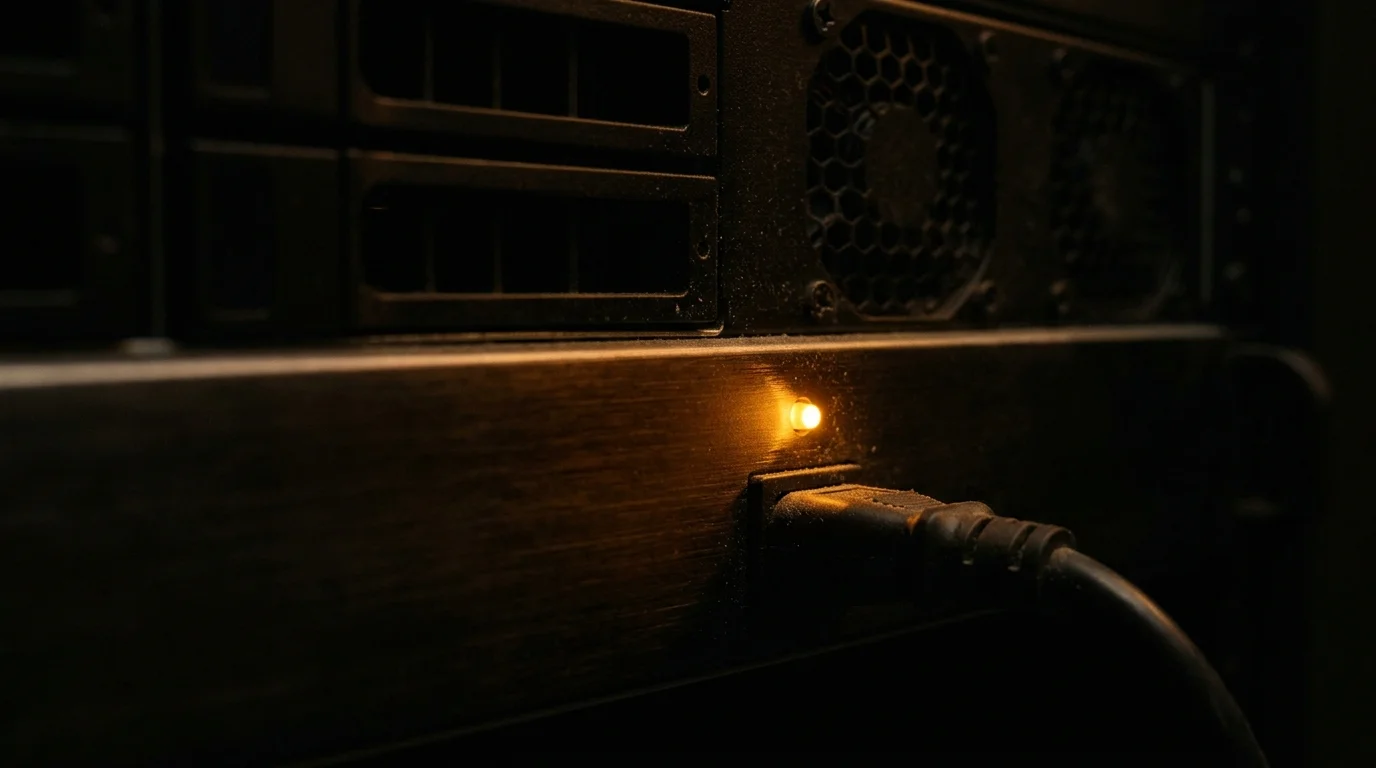 Macro shot of a powered-down server: dark, dusty, fans still — and one amber standby light still burning above a cable that is still plugged in. Switched off, still charging