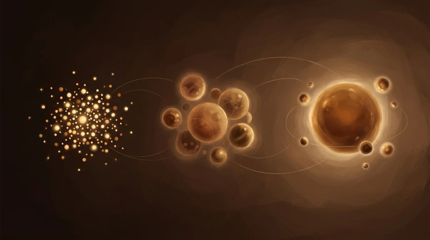 A constellation of warm golden nodes at three different scales — a dense cluster of many small bright points, a medium arrangement of fewer larger spheres, and a single massive luminous core — representing the three budget tiers