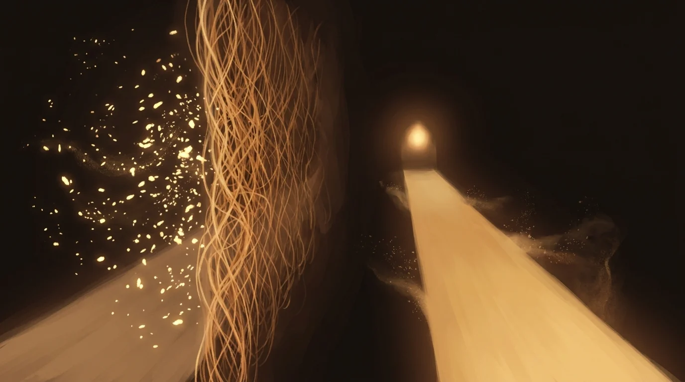 Scattered sparks held back behind a dense wall of amber threads on one side, and a smooth open golden path to a steady glow on the other: friction raised in front of distractions, removed from the work