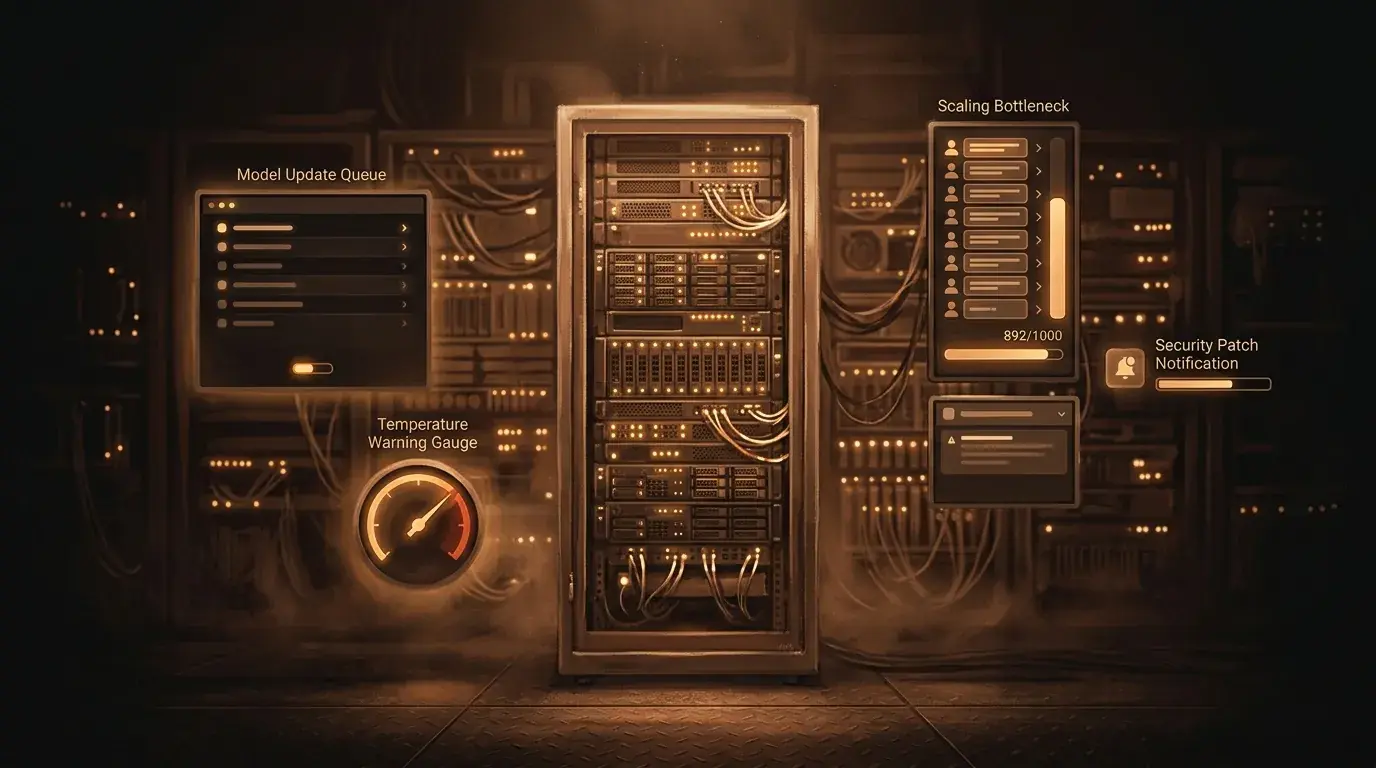 Self-hosted GPU infrastructure surrounded by operational burdens: updates, failures, scaling, security