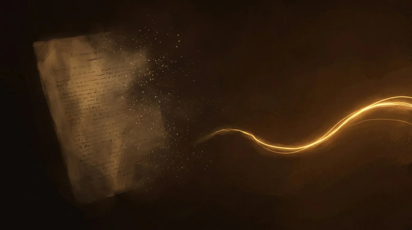 The ghost of a document fading on the left side of the frame — text dissolving into faint pixels — while on the right a single bright golden thread emerges and flows out into open space. The doc is dying; the flow is alive.