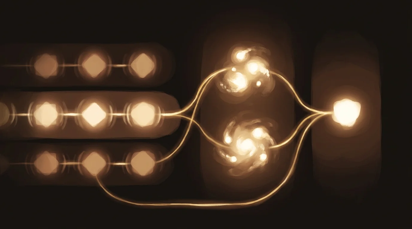 A structured flow rendered as luminous shapes — distinct zones for deterministic execution (regular geometric pulses), AI judgment (swirling brighter clusters), and human-only review (one held still bright form) — connected by golden hand-off threads.