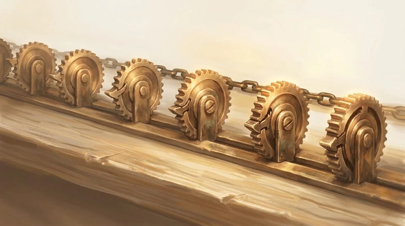 A row of ornate brass gears and ratchet wheels along a dark workbench, each wheel slightly more engaged than the last, warm golden light catching the teeth — the mechanism only turns one direction