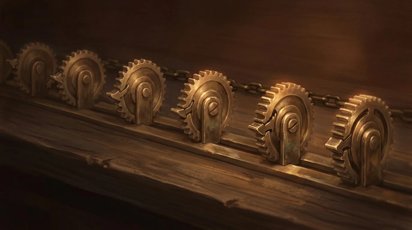 A row of ornate brass gears and ratchet wheels along a dark workbench, each wheel slightly more engaged than the last, warm golden light catching the teeth — the mechanism only turns one direction