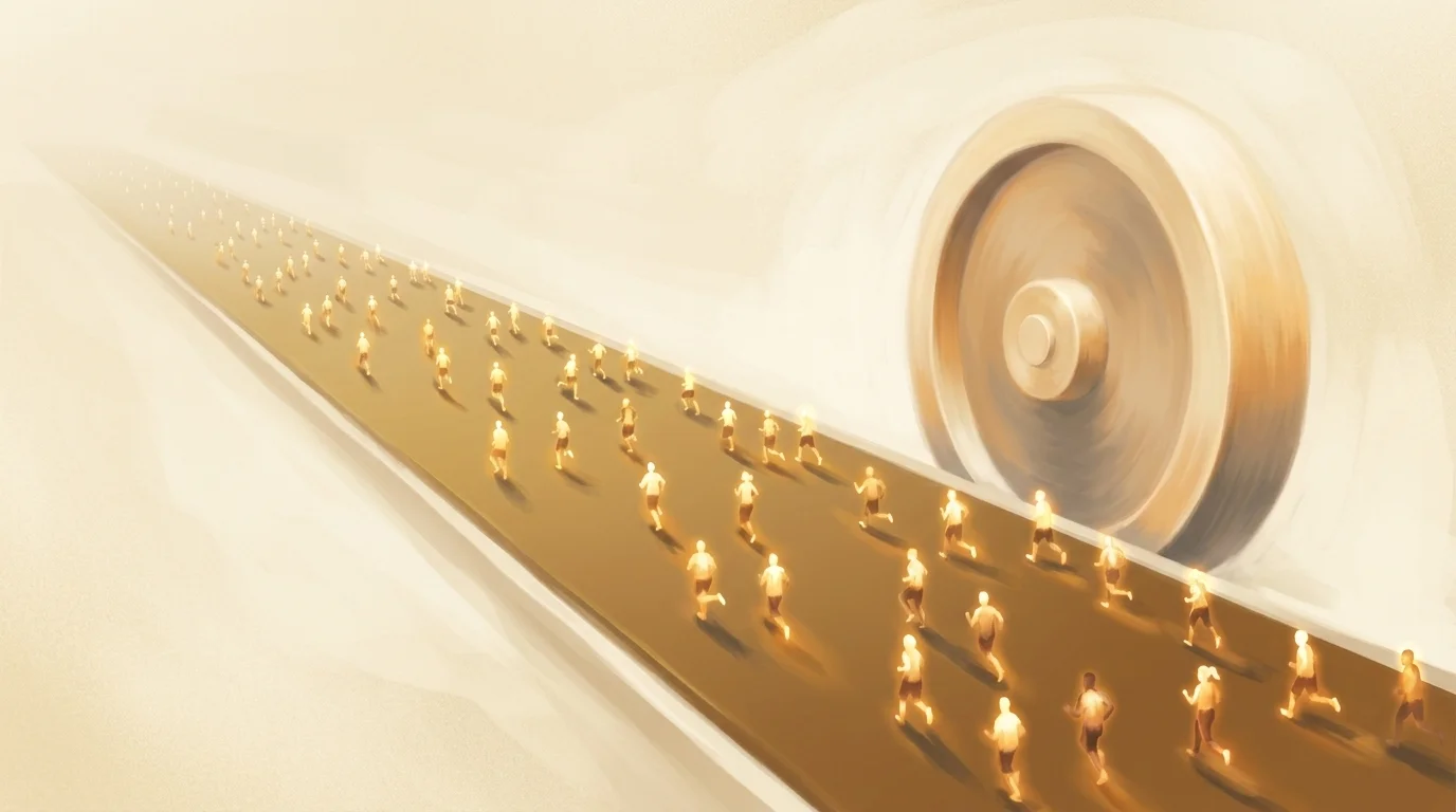 A vast golden treadmill stretching into darkness, dozens of small warm lights running in place upon it, while the machine's flywheel — huge, serene, softly radiant — turns off to the side, collecting the motion