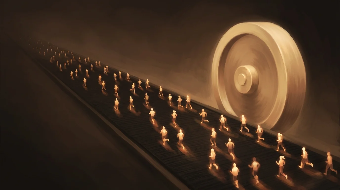 A vast golden treadmill stretching into darkness, dozens of small warm lights running in place upon it, while the machine's flywheel — huge, serene, softly radiant — turns off to the side, collecting the motion