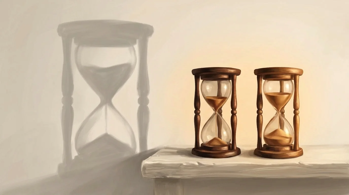 Two hourglasses side by side in warm golden light, one casting a shadow far larger than itself against the dark wall behind — the space between the object and its shadow