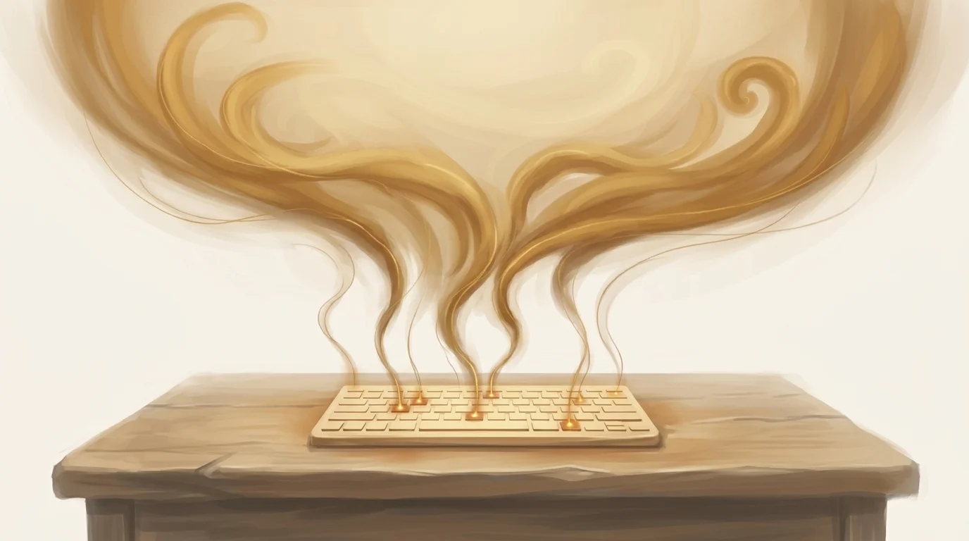 A dark wooden desk with a single glowing keyboard, thin golden threads rising from the keys like smoke, drifting upward into an immense honeyed vault of light that fills the upper half of the frame