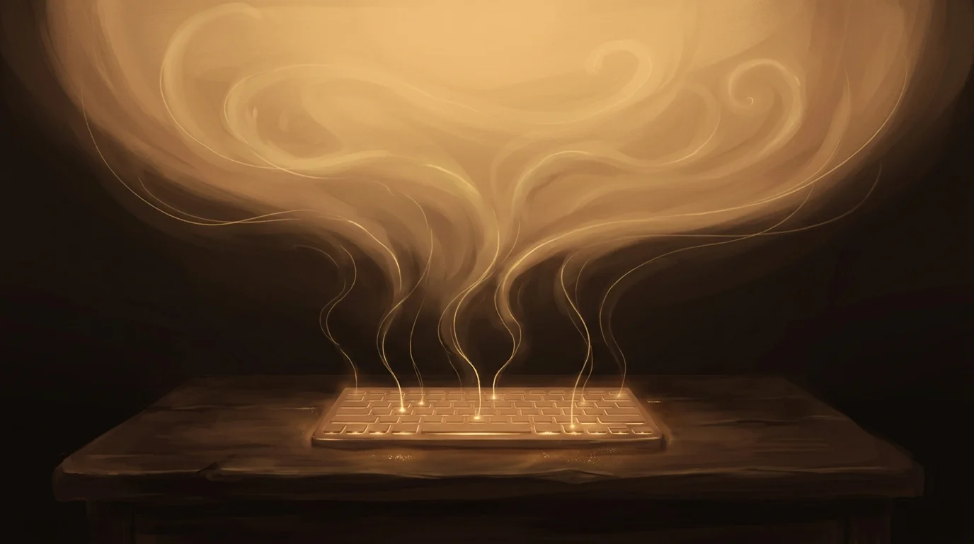A dark wooden desk with a single glowing keyboard, thin golden threads rising from the keys like smoke, drifting upward into an immense honeyed vault of light that fills the upper half of the frame