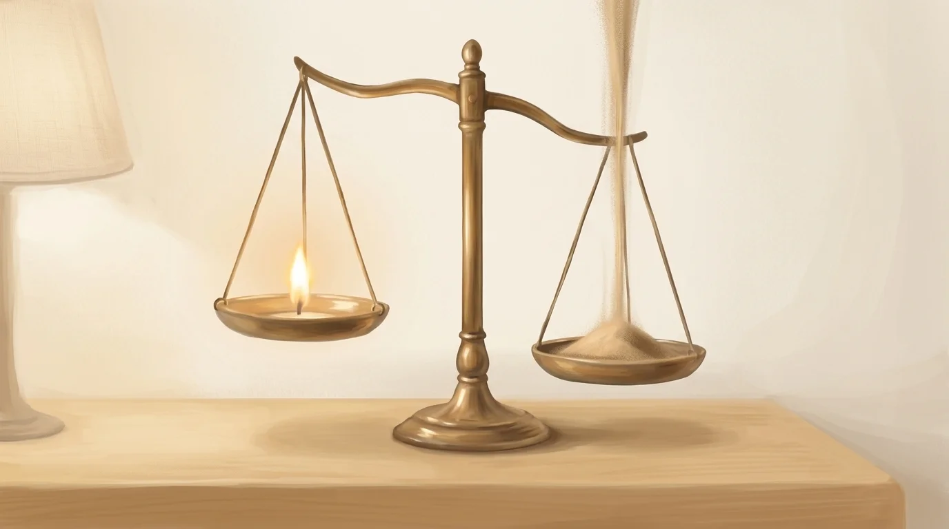 An old brass balance scale on a dark desk, one pan holding a small bright flame, the other pan slowly filling with fine golden sand that pours from somewhere above the frame