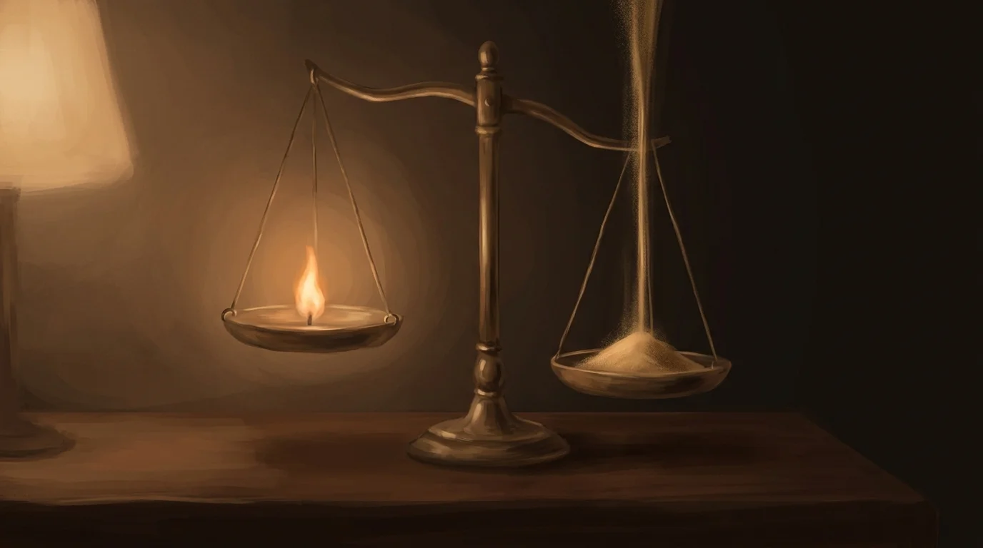 An old brass balance scale on a dark desk, one pan holding a small bright flame, the other pan slowly filling with fine golden sand that pours from somewhere above the frame