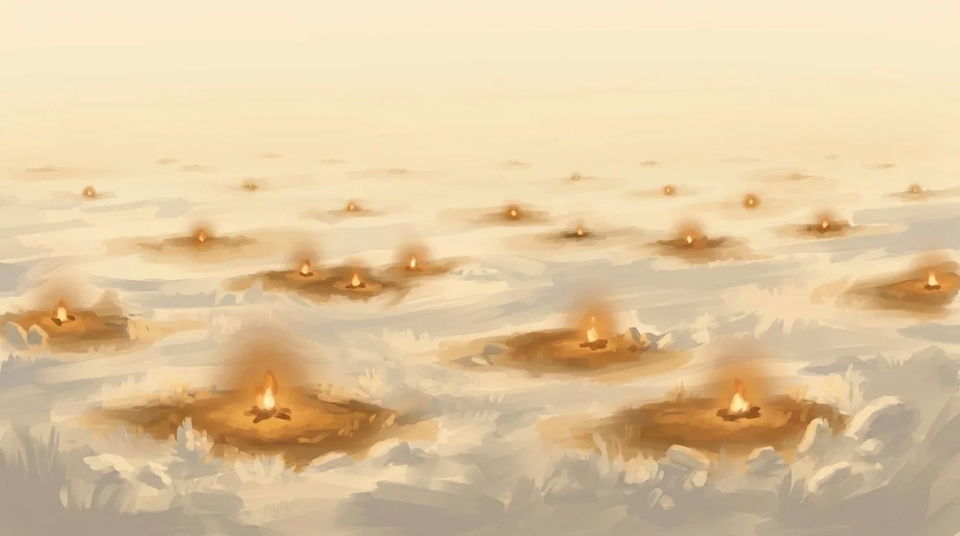 A constellation of distinct warm lights scattered across a dark expanse, each burning independently at its own brightness — no threads connecting them to any central radiance, each casting its own small pool of gold