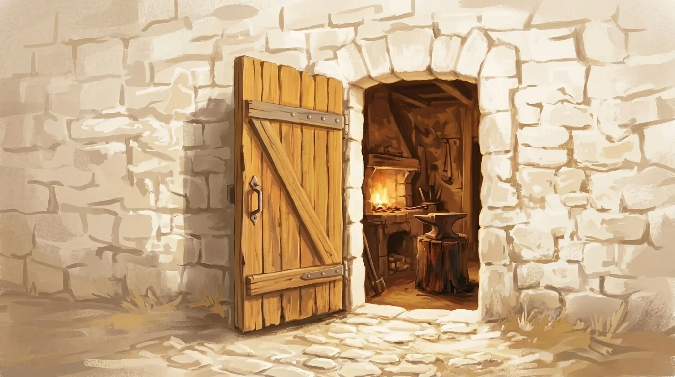 A heavy workshop door standing open in a dark stone wall, warm light spilling from the small forge room beyond where a single anvil glows — modest, self-contained, and entirely its own