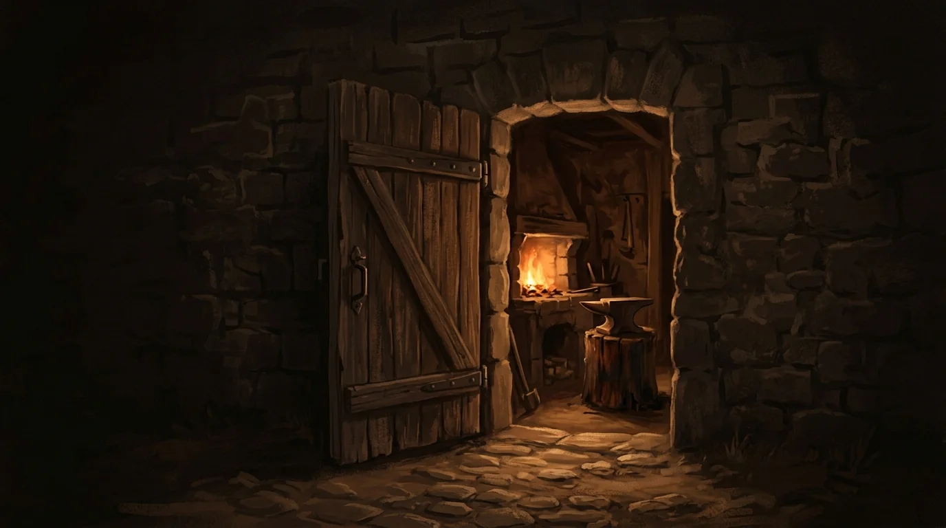 A heavy workshop door standing open in a dark stone wall, warm light spilling from the small forge room beyond where a single anvil glows — modest, self-contained, and entirely its own