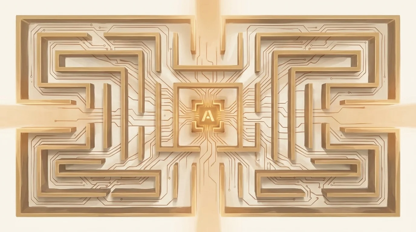 Four welcoming entry points into a translucent maze — each path wide and inviting at the edges, all converging inevitably to the same golden center