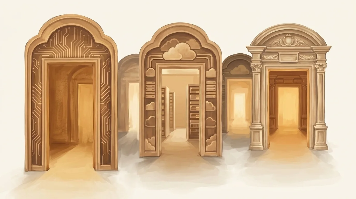 Three ornate doorways from different eras — one with circuit trace patterns, one with cloud and server motifs, one with classical stone details — all glowing with the same warm golden light inside, the same invitation repeated across generations
