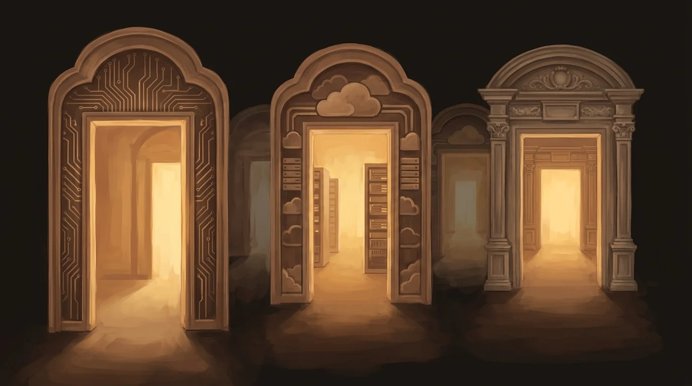 Three ornate doorways from different eras — one with circuit trace patterns, one with cloud and server motifs, one with classical stone details — all glowing with the same warm golden light inside, the same invitation repeated across generations
