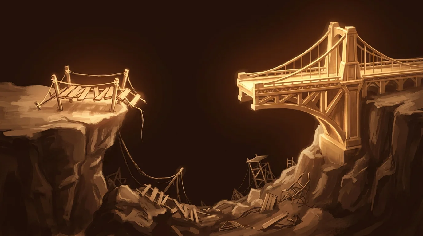 A rickety prototype bridge on one cliff edge and a solid, precisely engineered bridge on the other, with the wreckage of failed attempts scattered in the chasm between them — the gap between demo and production