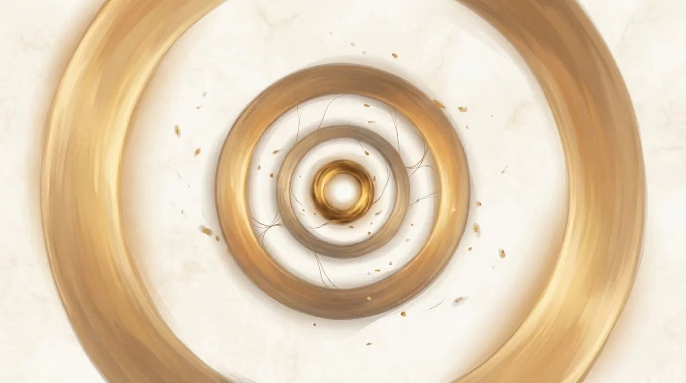 Concentric rings slowly tightening inward — the outermost wide and inviting, each ring narrower and more concentrated, particles drifting inward toward the dense, inescapable golden center