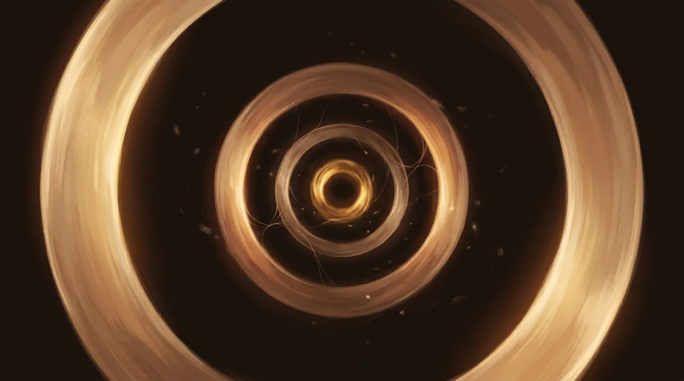 Concentric rings slowly tightening inward — the outermost wide and inviting, each ring narrower and more concentrated, particles drifting inward toward the dense, inescapable golden center