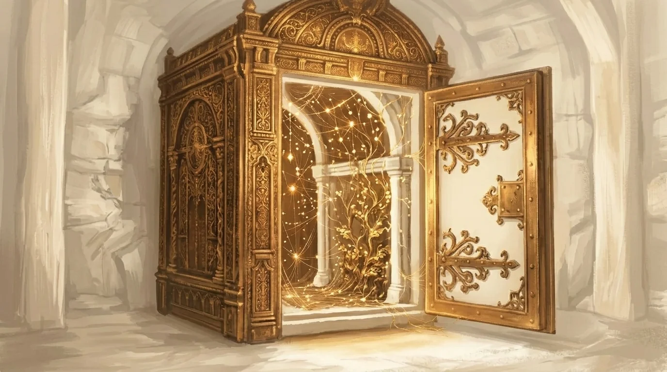 An ornate golden vault with its door slightly ajar — inside, countless luminous threads of knowledge are rooted deep into the walls, reaching toward the opening but unable to extend past the threshold