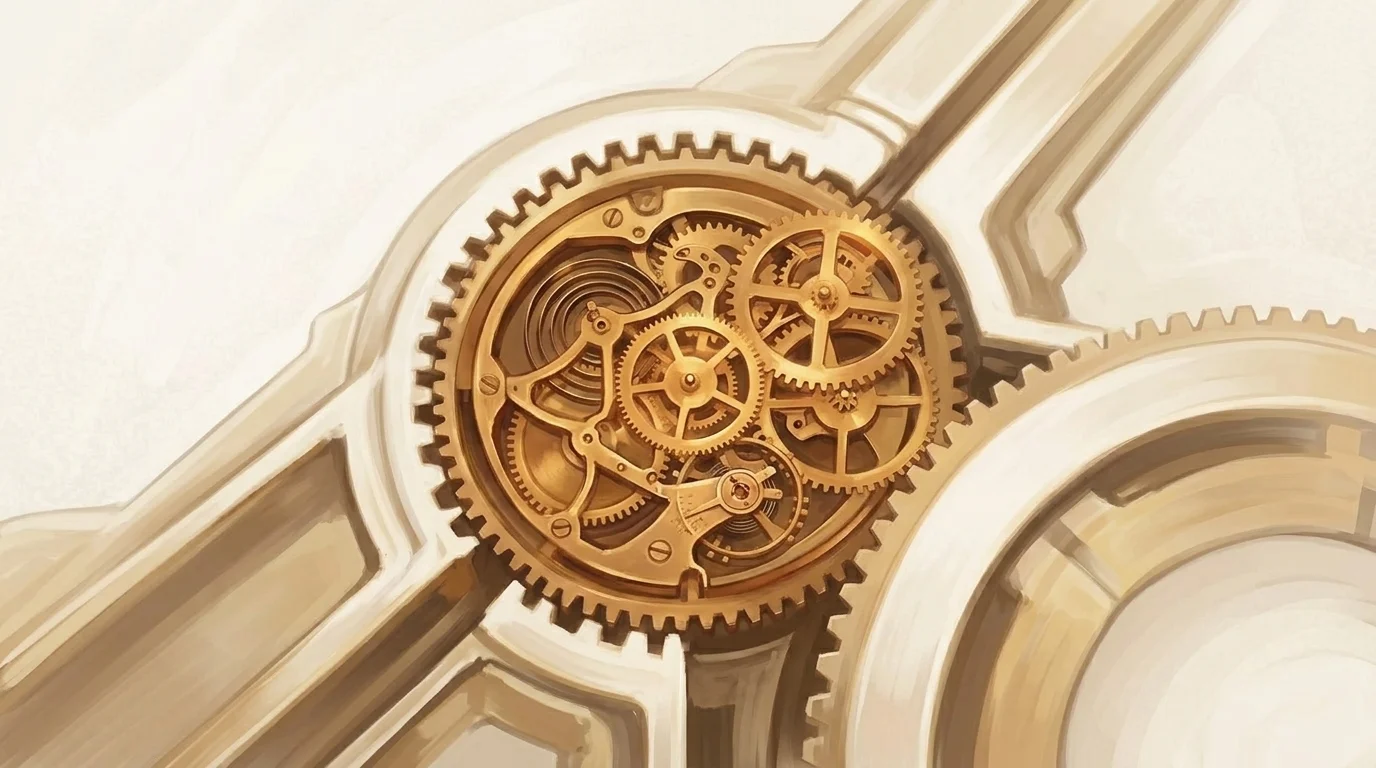 An intricate golden clockwork mechanism meshed into a larger foreign structure — every gear depends on the surrounding framework's support, beautiful integration that makes extraction impossible