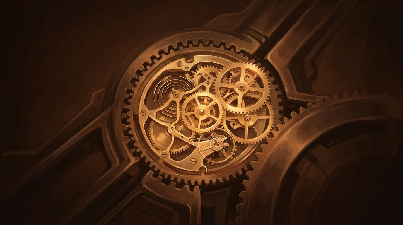 An intricate golden clockwork mechanism meshed into a larger foreign structure — every gear depends on the surrounding framework's support, beautiful integration that makes extraction impossible