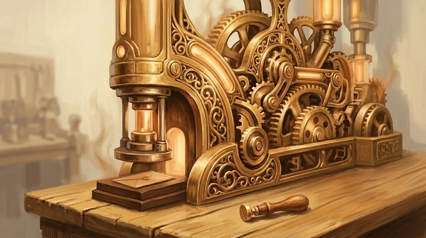 A massive ornate golden machine — gears, pistons, luminous conduits all engaged — being used to stamp a single small envelope, while a simple elegant hand tool sits idle beside it