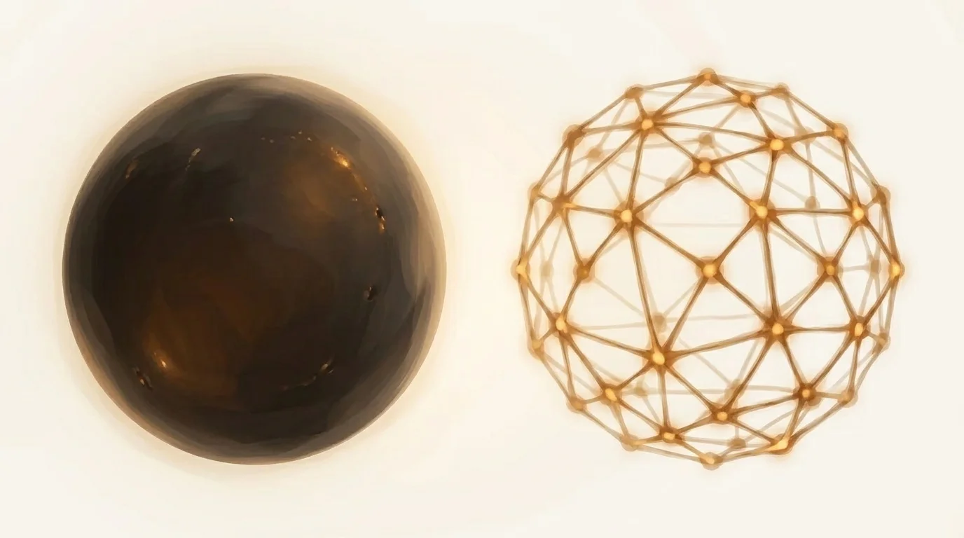An opaque dark sphere revealing nothing beside an open golden lattice structure where every node and connection is traceable — the difference between a black box and an auditable system
