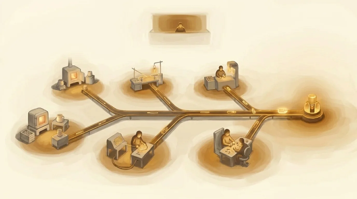 A calm workshop floor seen from a distance — multiple small stations each running independently under focused pools of light, golden conveyor threads carrying finished pieces between them, a quiet oversight point watching from above