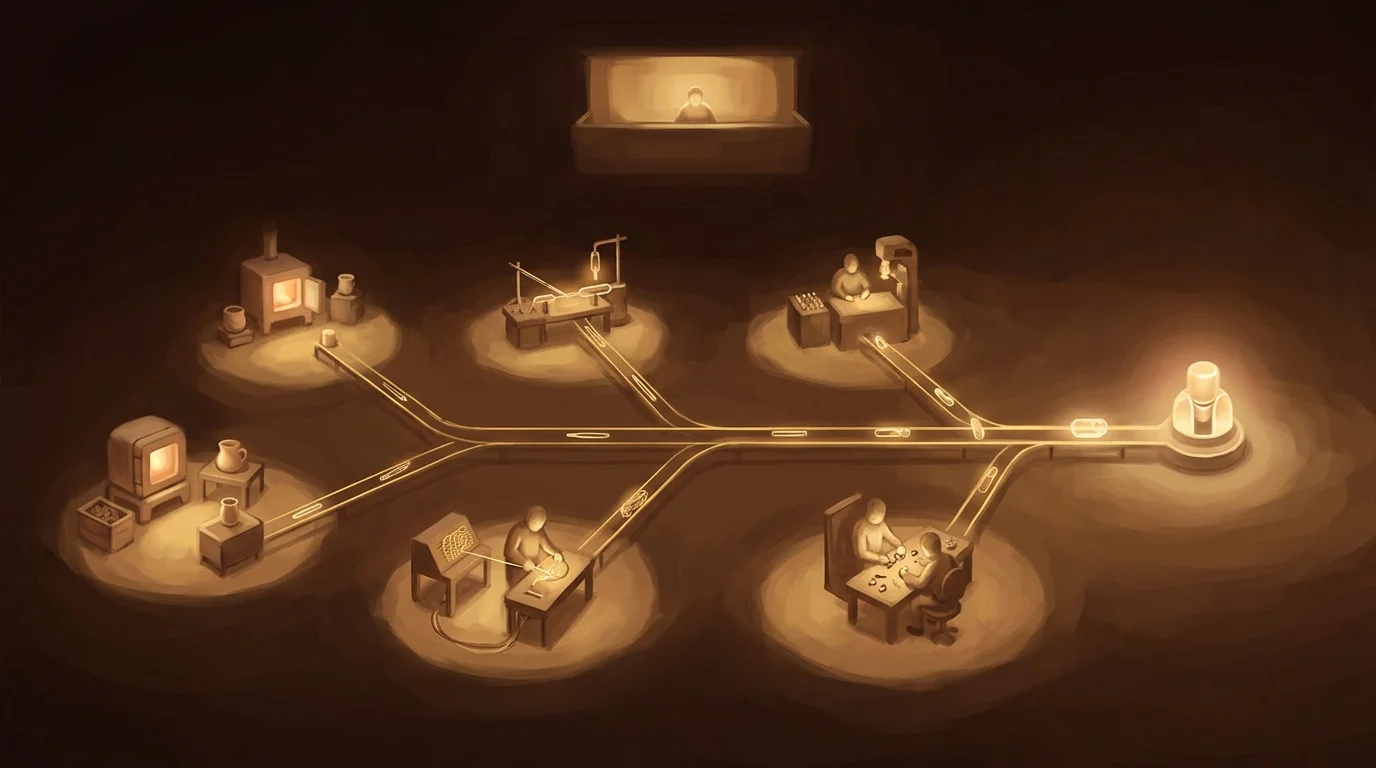 A calm workshop floor seen from a distance — multiple small stations each running independently under focused pools of light, golden conveyor threads carrying finished pieces between them, a quiet oversight point watching from above