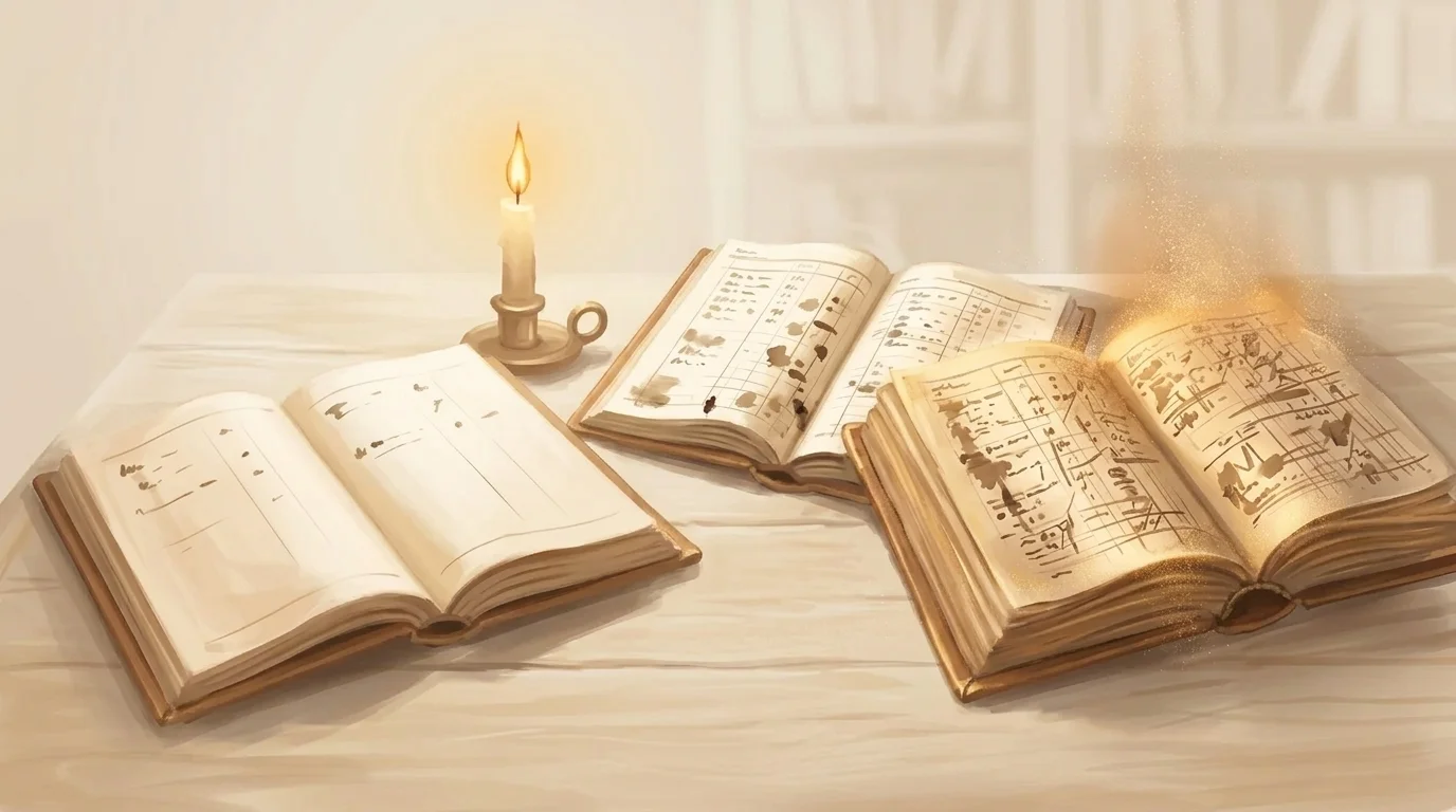 Three open ledger books arranged around a single candle, each catching the same light differently — one page thin, one fuller, one dense with entries