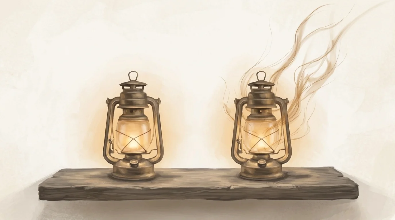 Two identical brass lanterns side by side on a dark shelf — one sealed and self-contained, the other with fine golden threads streaming steadily out of its seams into the darkness above