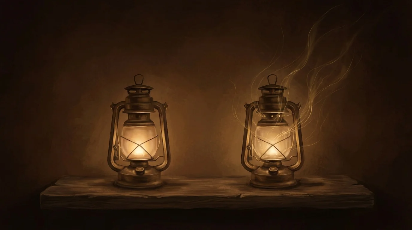Two identical brass lanterns side by side on a dark shelf — one sealed and self-contained, the other with fine golden threads streaming steadily out of its seams into the darkness above
