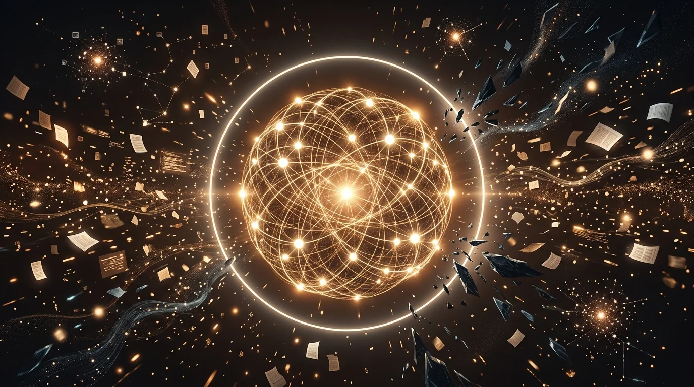 A glowing web of knowledge held inside a ring of light, with the open internet teeming beyond it
